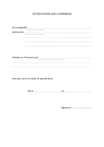 Modèle générique - Cadre vierge pour attestation sur l'honneur