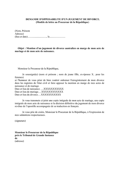 Lettre au Procureur - Modèle de courrier pour mention marginale de divorce
