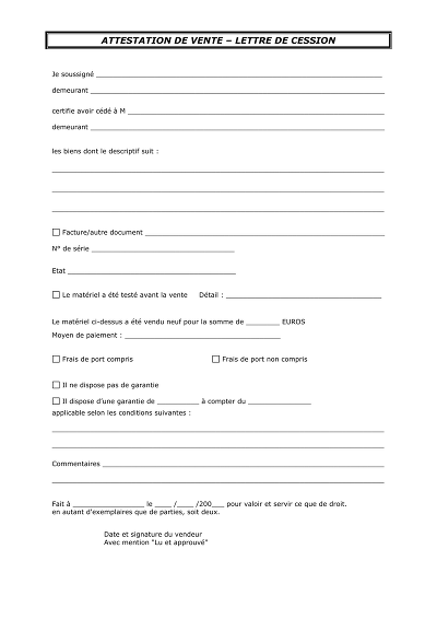 Lettre cession - Attestation de vente de matériel entre particuliers