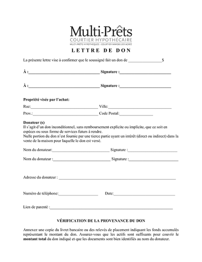 Lettre de don - Lettre attestant un don et provenance des fonds