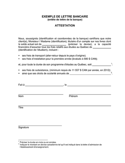 Lettre solde Québec - Certifie le solde pour frais d’études au Québec