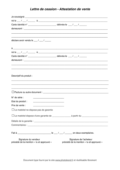 Lettre vente simple - Lettre d’attestation de vente entre particuliers