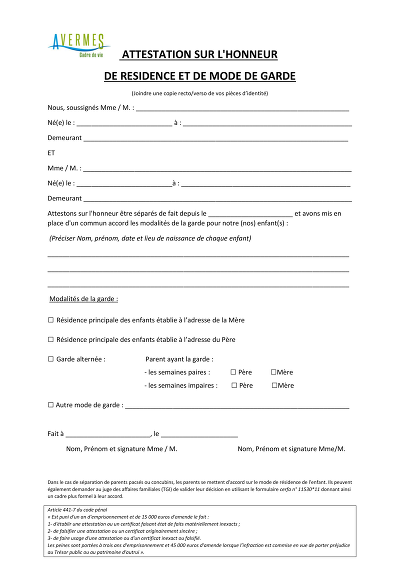Mode de garde - Définit garde et lieu de résidence des enfants.