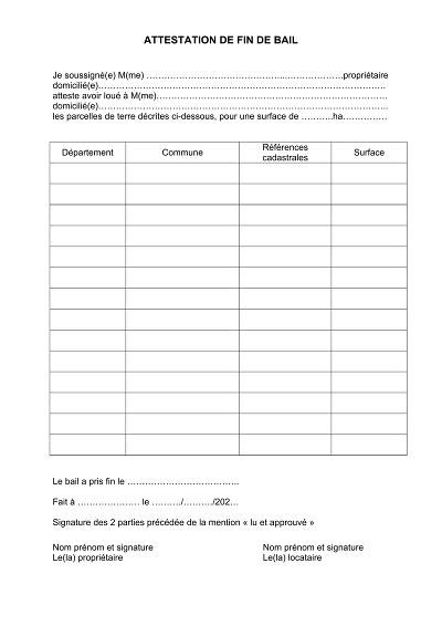 Attestation Fin Bail - Modèle d'attestation de fin de bail de terres