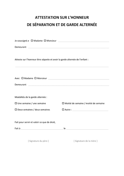Séparation et garde - Atteste séparation et garde alternée de l’enfant.
