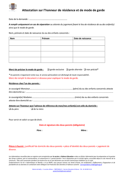 Modele garde excl - Atteste résidence et garde exclusive d'un enfant