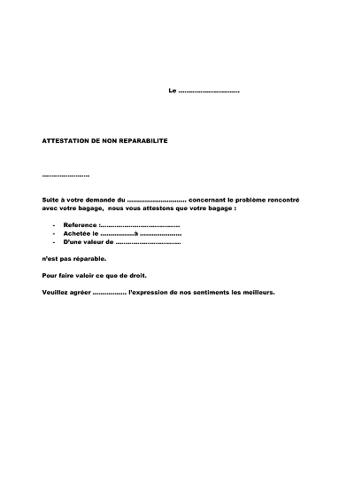Modèle Non Réparable - Modèle vierge d'attestation de non réparabilité