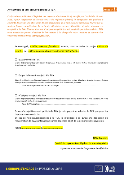 Non-déductibilité TVA - Modèle d'attestation de non-déductibilité de TVA