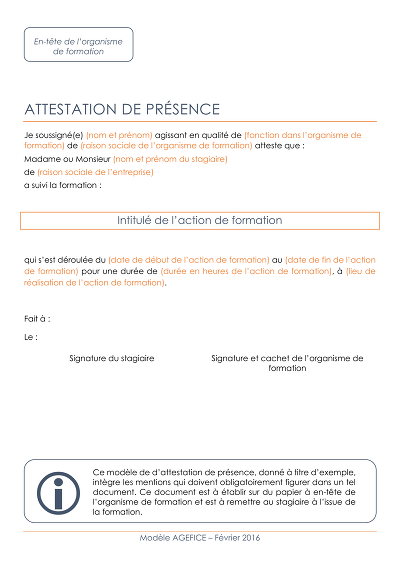 Attestation de Présence - Certifie la présence d’un stagiaire à une formation