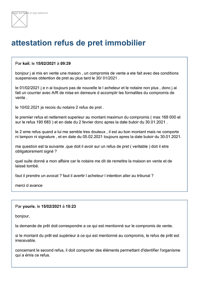 Refus prêt immobilier - Discussion sur la validité d’attestations de refus de prêt immobilier.