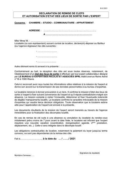 Remise clés état lieux - Déclaration de remise de clés et autorisation d'état des lieux de sortie