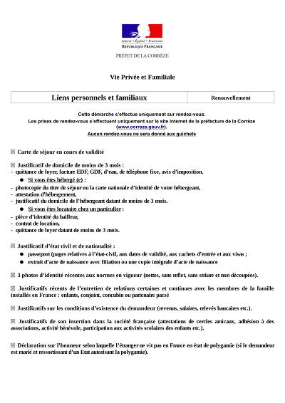 Renouvellement VPF - Fiche des pièces pour renouvellement vie privée