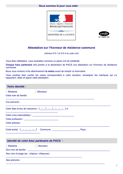Résidence Commune - Atteste la résidence commune en vue d’un PACS