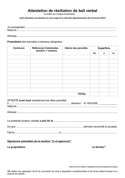 Résil. Bail Verbal - Attestation de résiliation de bail verbal pour DDT