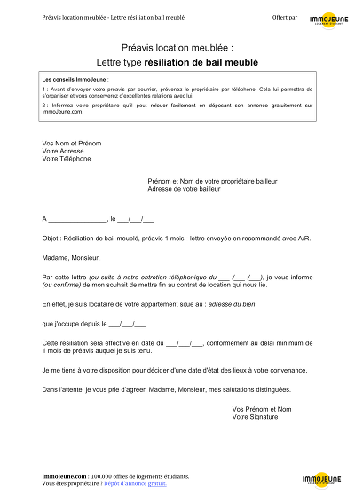 Résiliation meublé - Lettre type de préavis pour location meublée