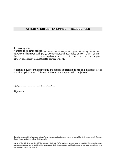 Ressources CPAM - Attestation de ressources perçues