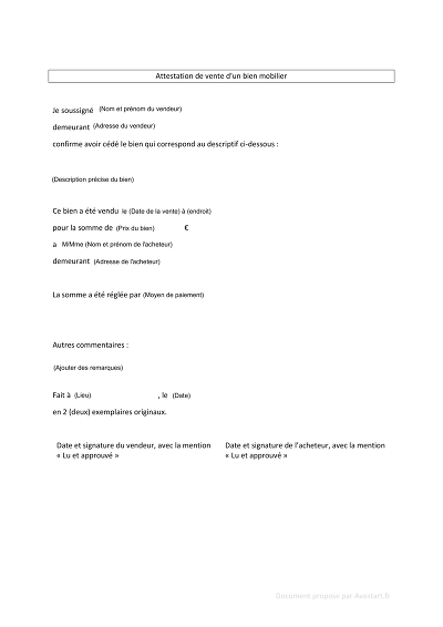 Vente mobilier - Vente de mobilier entre particuliers – attestation simple
