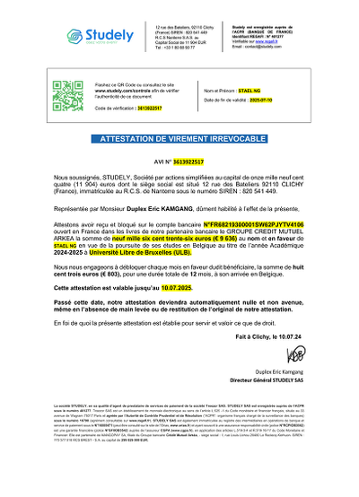 Virement étudiant - Attestation virement pour études en Belgique